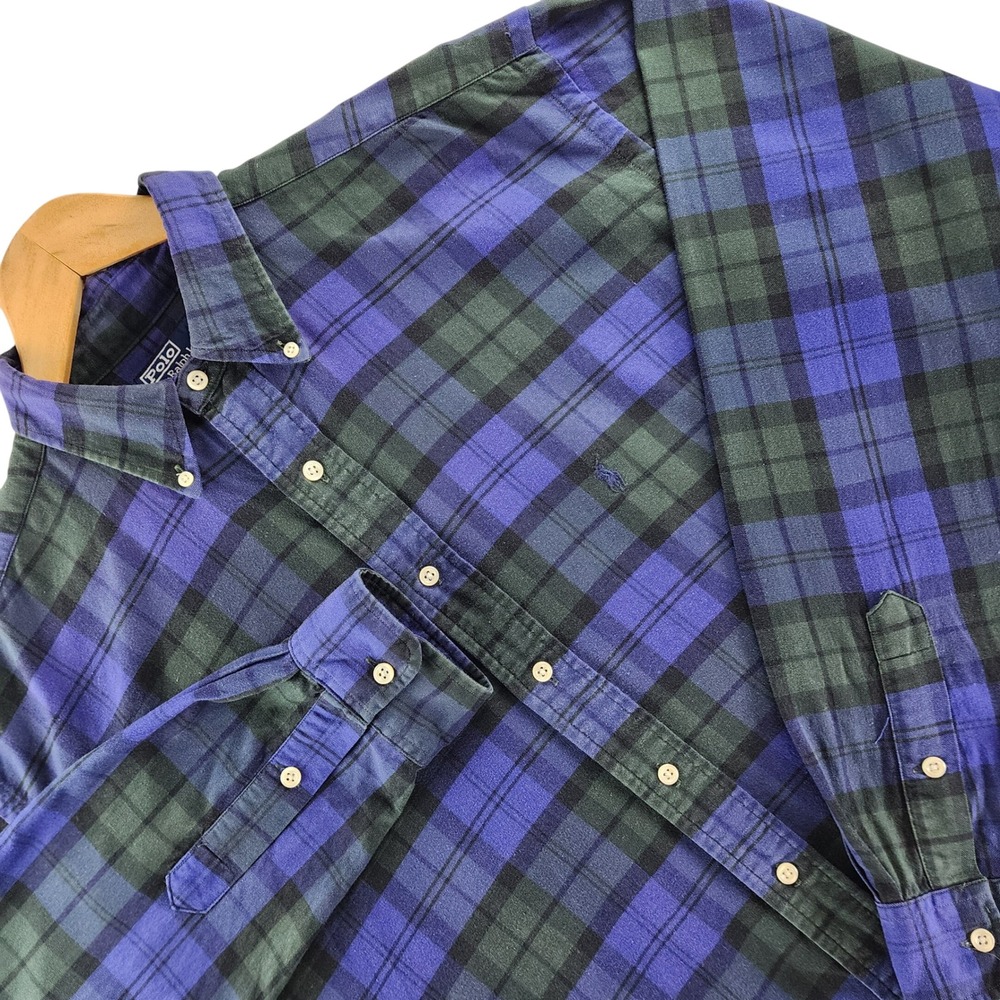 Polo Ralph Lauren Button Down Shirt Mens L Blue Green Plaid Cotton Classic Fit